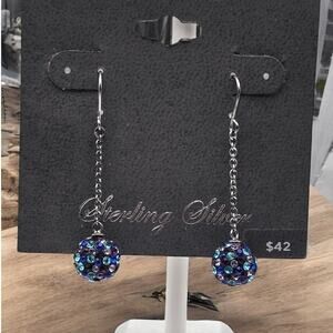 Blue Purple Crystal Ball Drop Earrings Sterling Silver 925 Night Luxe